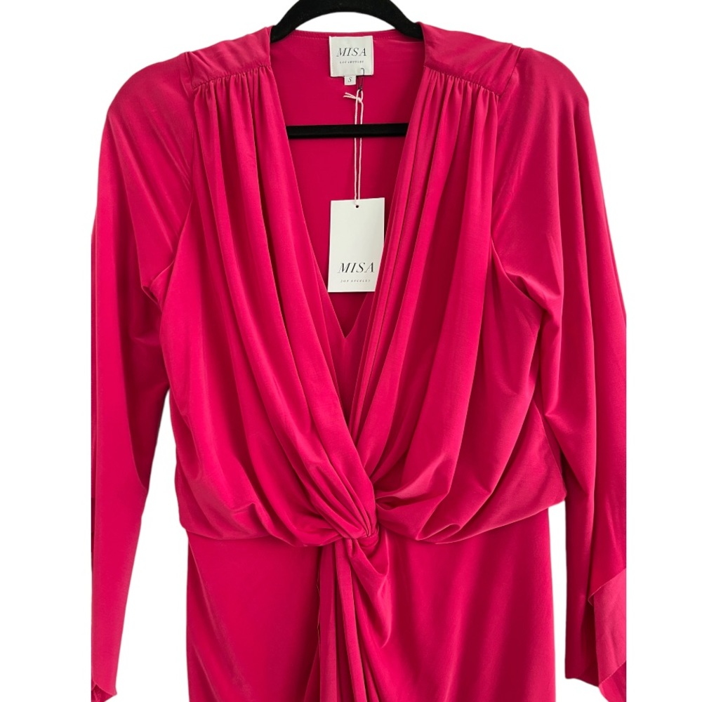 Misa Hot Pink Barbie Ruched Tie Knot Teget Jersey Dress NWT Size Small - Picture 3 of 7
